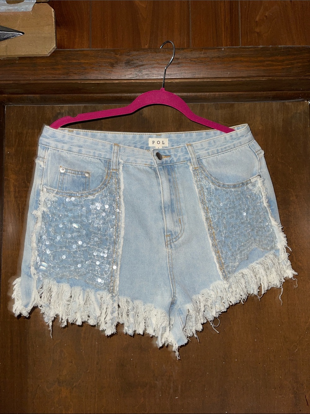POL Light Blue Sequin Fringe Denim Shorts